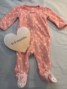 Carter's - 0-3M - Pink Polka Dot Fleece Onesie Sleeper with Star Feet